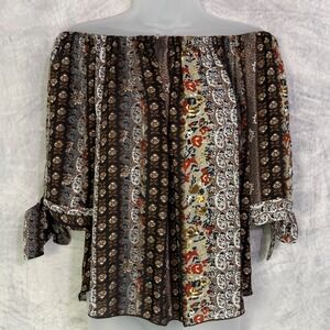 Boho Festival Off The Shoulder floral top Womens sz M patchwork country beach